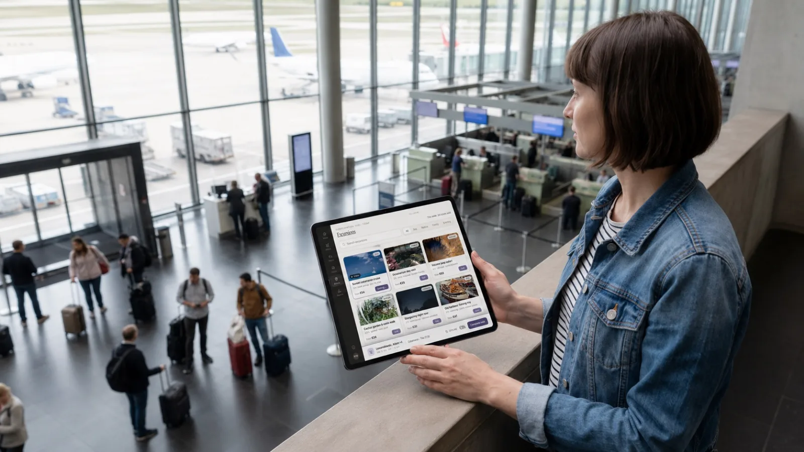 An arrivals hall, a rep, the day’s excursions on screen. The tablet took over the job the printed A4 used to do here. Interface reconstruction, 2026, composited into a photo.