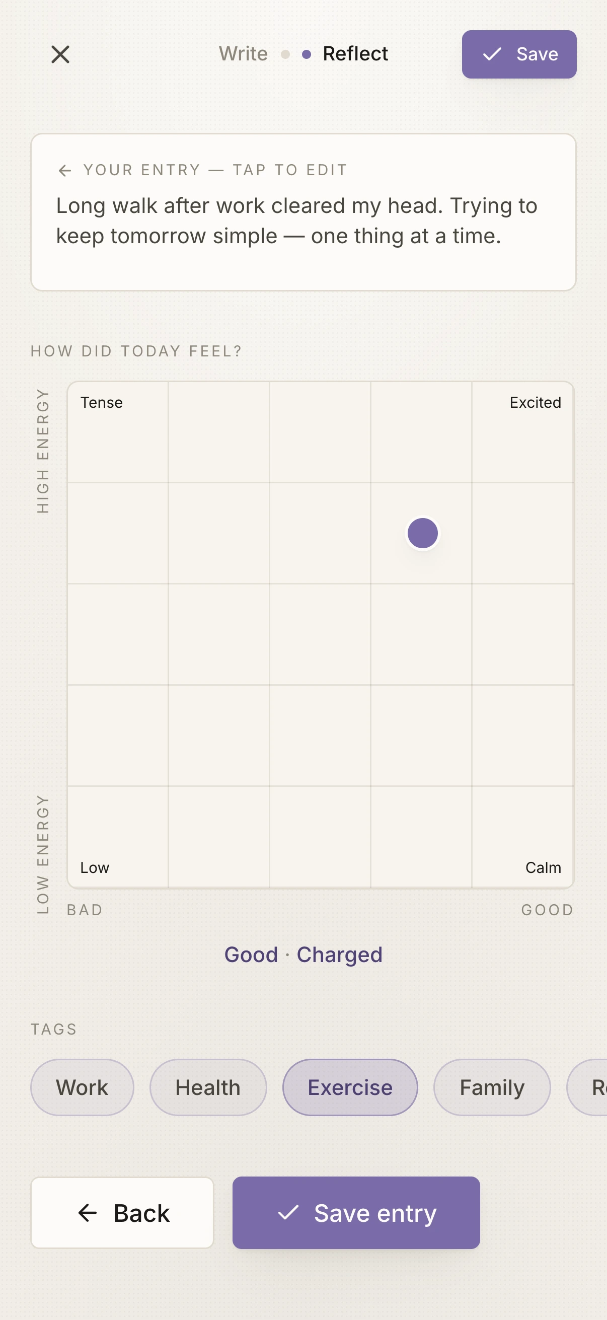 The reflect step: the Affect Grid places one dot and reads it back as mood and energy.