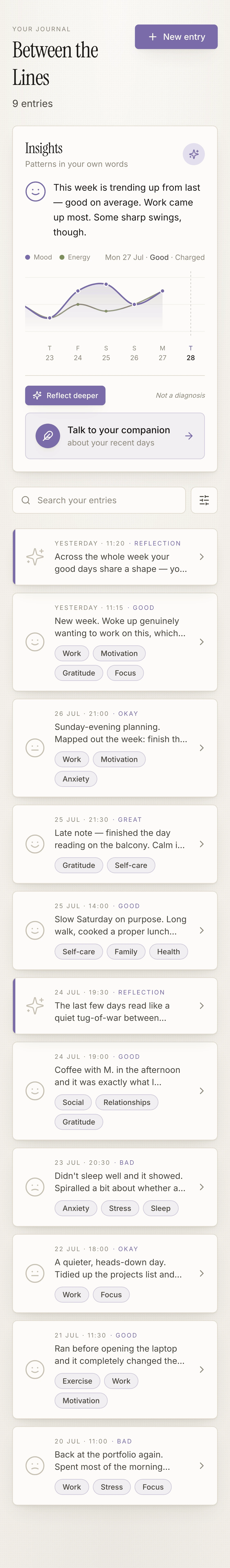 The Journal home: the entry timeline with the insight card and a single New entry action.