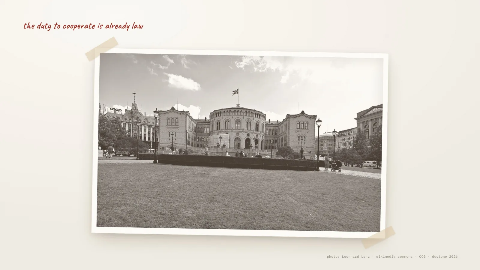 The Storting in Oslo, where the 2022 cooperation duty was written. Photo: Leonhard Lenz, Wikimedia Commons, CC0.